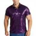 Detailed view of men's sparkling purple sequin polo shirt, short sleeves, vintage disco style. - Purple