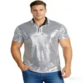 Close-up detail of the vintage silver sequin polo shirt worn by male model for party. - S / Silver