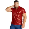 Men's red sequin polo shirt, short sleeve vintage disco top for party and festival wear. - Burgundy