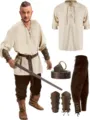 Conjunto de traje medieval para hombre con camisa pirata, pantalones, cinturón y brazaletes. - S / Top y Pantalones / Caqui + negro + accesorios