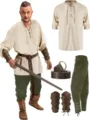 Vista detallada del conjunto de disfraz medieval renacentista con camisa y pantalones. - S / Top y Pantalones / Caqui + verde + accesorios