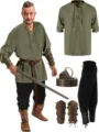 Vista detallada del conjunto de disfraz de pirata medieval renacentista con camisa y cinturón. - S / Top y Pantalones / Verde + negro + accesorios