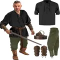 Conjunto de disfraz de pirata medieval renacentista con camisa negra, pantalones y cinturón. - S / Top y Pantalones / Negro + verde + accesorios