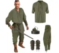 Medieval Renaissance costume set for men, featuring lace-up green shirt, pants, belt, and bracers. - S / Top And Bottom / Green + Green + Accessories