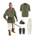 Medieval Renaissance Costume 4-Piece Set Pirate Shirt Pants Belt and Bracers for Men - S / Top And Bottom / Green + White + Accessories
