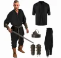 Medieval Renaissance pirate costume 4-piece set with shirt pants belt and bracers for men - S / Top And Bottom / Black + Black + Accessories