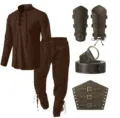 Medieval Renaissance pirate costume set with lace-up shirt pants and leather bracers. - S / Top And Bottom / Brown + Coffee + Accessories