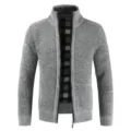 Men's fleece lined knit cardigan with stand collar and zipper closure for winter warmth. - M / Light Gray
