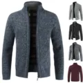 Men's fleece lined knit cardigan sweater, stand collar, thick yarn winter zip up jacket. - M / Navy Blue