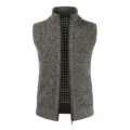 Men's casual knitted stand collar zip-up vest with inner plaid pattern detail. - M / Coffee