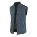 Men's casual knitted fleece-lined zip vest detail showing stand collar and plaid lining. - M / Navy Blue