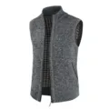 Close-up details of men's winter knitted fleece-lined vest showing stand collar and zipper. - M / Dark Gray