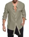 Men's casual long sleeve mandarin collar cotton linen shirt with button front design. - M / Green