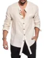 Men's casual long sleeve linen shirt with mandarin collar, solid off white summer top. - M / Off White