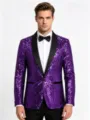 Men purple sequin blazer jacket detail view, shiny fabric and black shawl lapel close up - Purple