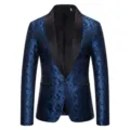 Men's blue paisley tuxedo blazer with black satin shawl lapel stylish formal dinner jacket. - Sapphire Blue