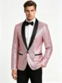 Men's pink sequin blazer detail, black shawl lapel party suit jacket for dance performance. - Pink
