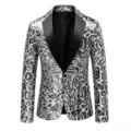 Detailed view of the men's sequin leopard print blazer featuring contrasting black lapels. - S / Grey-Beige