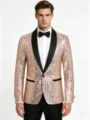 Detailed view of men's sparkling sequin blazer with black shawl lapel for party and dance wear. - Champagne