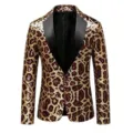 Men's stylish leopard sequin blazer, black lapel single button stage performance jacket. - S / Red