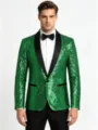 Mens green sequin blazer jacket with black shawl lapel for party prom stage show. - Green