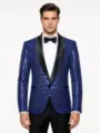 Men's stylish royal blue sequin blazer with black shawl lapel for party and stage wear. - Sapphire Blue