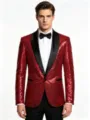 Close-up view of the men's red sequin blazer jacket featuring a classic black shawl lapel. - S / Burgundy