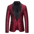 Men's red paisley jacquard blazer with black shawl lapel, elegant formal suit jacket. - S / Red