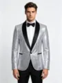 Close-up shot of the silver sequin tuxedo jacket showcasing the black shawl lapel design. - S / Silver
