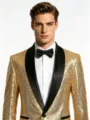 Men's gold sequin blazer tuxedo jacket with black shawl lapel for party or stage performance. - S / Gold