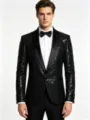 Men's black sequin tuxedo jacket with satin shawl lapel, perfect for parties and formal events. - S / Black