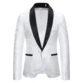 Men's stylish white paisley blazer jacket with black shawl lapel single button suit top - S / White