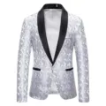 Detailed view of mens fashion shawl lapel floral jacquard suit jacket in white and black. - S / White Silver Color