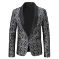 Men's fashion paisley jacquard blazer black silver shawl lapel single button suit jacket - Black Silver