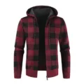 Men's thermal fleece lined plaid knit zip hoodie detail view showing texture and zipper. - M / Red