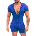 Men summer solid color short sleeve zipper romper casual slim fit short jumpsuit outfit - S / Dark Blue