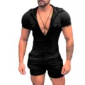 2025 Summer Mens Solid Color Short Sleeve Zipper Romper Jumpsuit Casual Cargo Shorts - S / Black