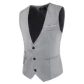 Grey men suit vest detail view, V-neck, three-button closure, pocket and chain design. - Gray