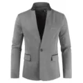 Men's slim fit gray blazer jacket with black contrast collar, single button and elegant design. - M / Dark Gray