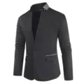 Men's black slim fit blazer with grey contrast collar single button casual suit jacket - Black