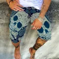 Men's summer casual printed shorts elastic waist paisley skull design beachwear clothing - M / 493