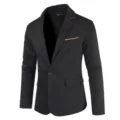 Men's casual slim fit blazer in black with orange polka dot trim details for stylish wear. - M / Black