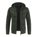 Close-up detail of the stylish men's camouflage hooded knit sweater with cozy fleece lining. - M / Army Green Camo