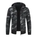 Detailed view of black grey camo knit fleece hoodie zipper cardigan men winter apparel. - M / Dark Gray Camo