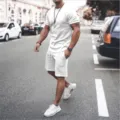 Men casual white short sleeve t-shirt and shorts two piece outfit summer fashion sportswear. - S / Top And Bottom / White