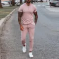 Herren Zweiteiler Kurzarm Polohemd und passenden Freizeithose Set für die Sommermode. - S / Set / Rosa