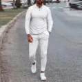 Detailed view of the mens long sleeve polo tracksuit, white casual two piece sports set. - S / Set / White (Long Sleeve)