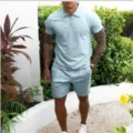 Men's summer solid color lapel short sleeve polo shirt and matching casual shorts set. - Light Blue