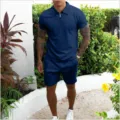 Men's Summer Solid Color Polo Shirt Shorts Set Casual Two Piece Athletic Outfit Blue - Navy Blue