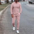 Men's long sleeve polo tracksuit set casual two piece outfit with zipper collar pink main image display - S / Set / Pink (Long Sleeve)